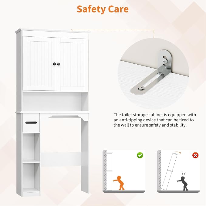 GarveeTech 30 Inches Wide Toilet Rack with Over the Toilet Storage Cabinet, Bathroom Shelf Organizer with Anti-Tip Device, Small Freestanding Space Saver with Adjustable Shelf，White - Image 7