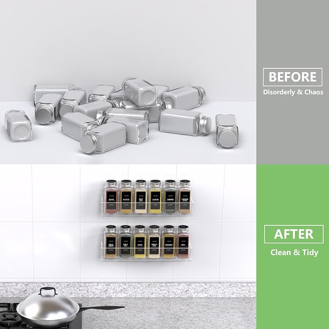 PMMASTO 2-Pack Clear Acrylic Self-Adhesive Spice Racks with 12 Empty Jars - Image 7