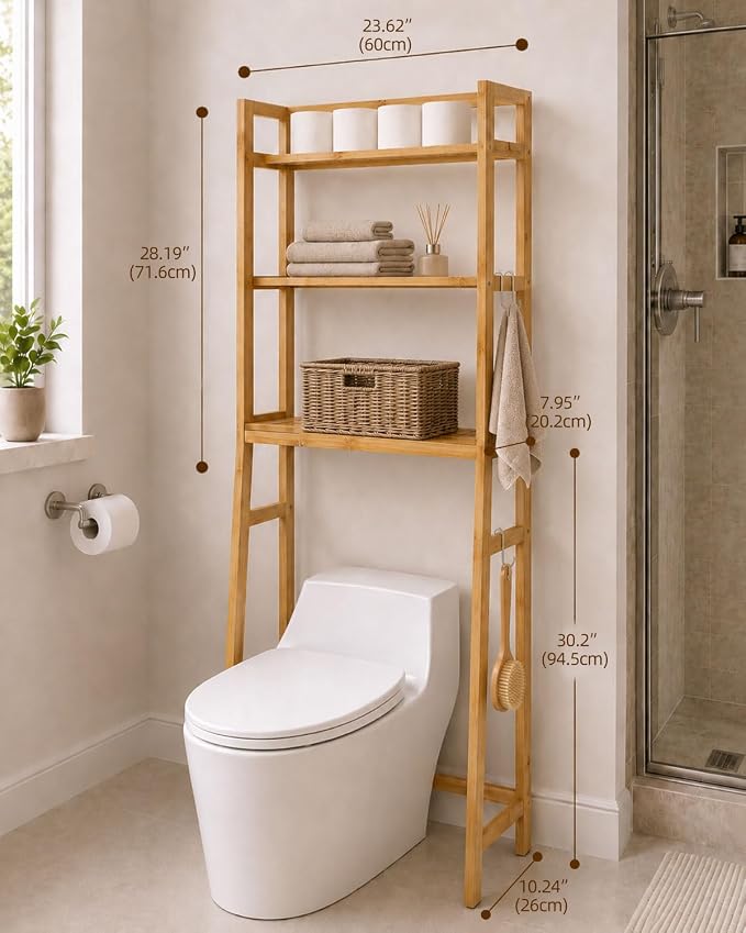 Over The Toilet Storage,Natural Bamboo Over Toilet Bathroom Organizer with 3-Tier Shelves and Hooks,Space-Saving Bathroom Shelf for Towels,Toiletries and Small Bathroom Storage - Image 2