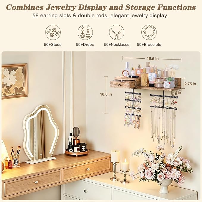 VINAEMO Jewelry Organizer Hanging Wall Mounted Jewelry Holder with Rustic Wood Drawer & Large Capacity Storage Shelf Rack Display for Earrings Rings Necklaces Bracelet - Image 3