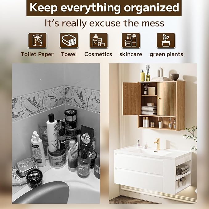 Bathroom Wall Cabinet, Medicine Cabinet with Adjustable Wood Shelf & Doors, Over The Toilet Storage Organizer Wall Mounted Storage Cabinet for Laundry Room, Kitchen, Living Room, Cupboard, Oak - Image 6