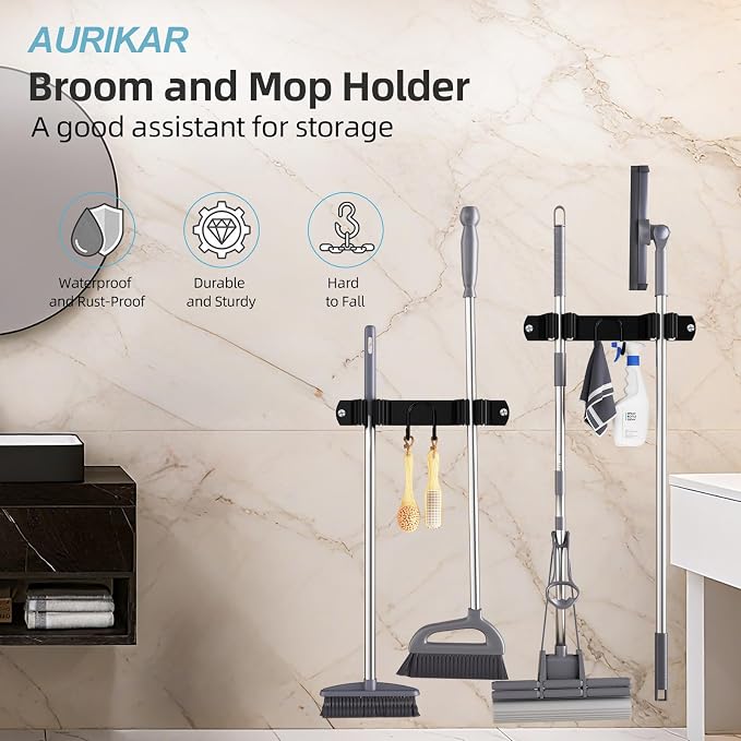 Broom Holder Wall Mount, 2-Pack Stainless Steel Mop and Broom Organizer, Broom Hanger with 2 Slots 2 Hooks for Home Kitchen, Garage, Garden and Laundry Room, Black - Image 3