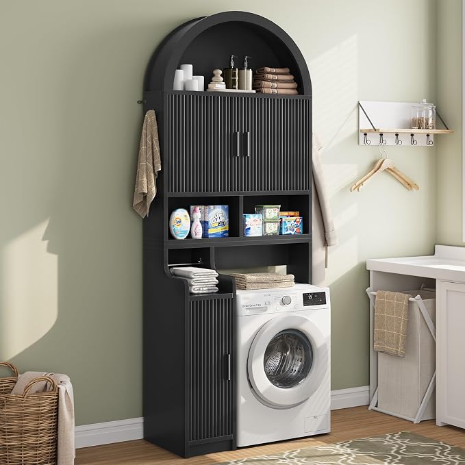 Itaar Arched Over The Toilet Storage Cabinet, 78.7" H Fluted Bathroom Organizer with Reversible Side Cabinet, Adjustable Shelves, Anti-Tipping, Hooks & Paper Holder for Bathroom Laundry Room, Black - Image 4