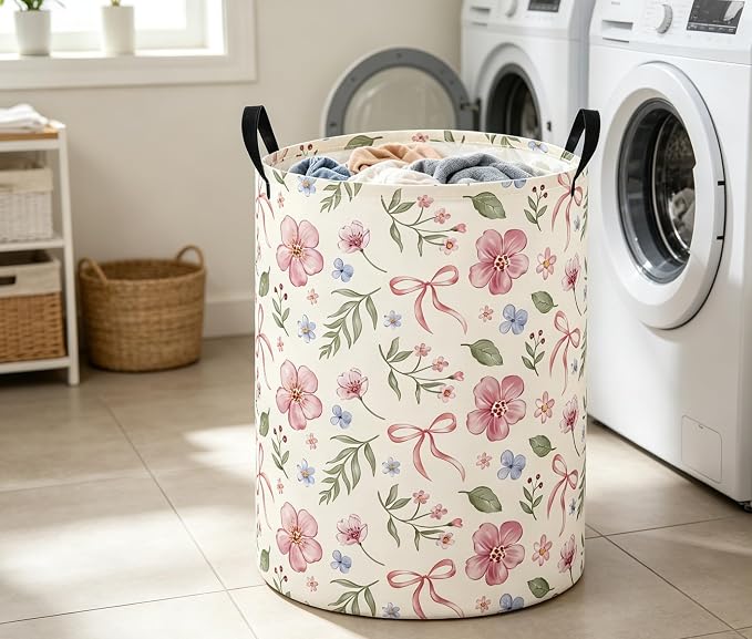 Baby Laundry Basket Baby Nursery Hamper Kids Laundry Basket Toy Storage Bin for Boys Room Decor Gift Baskets for Bedroom Bathroom(Watercolor Flower) - Image 4