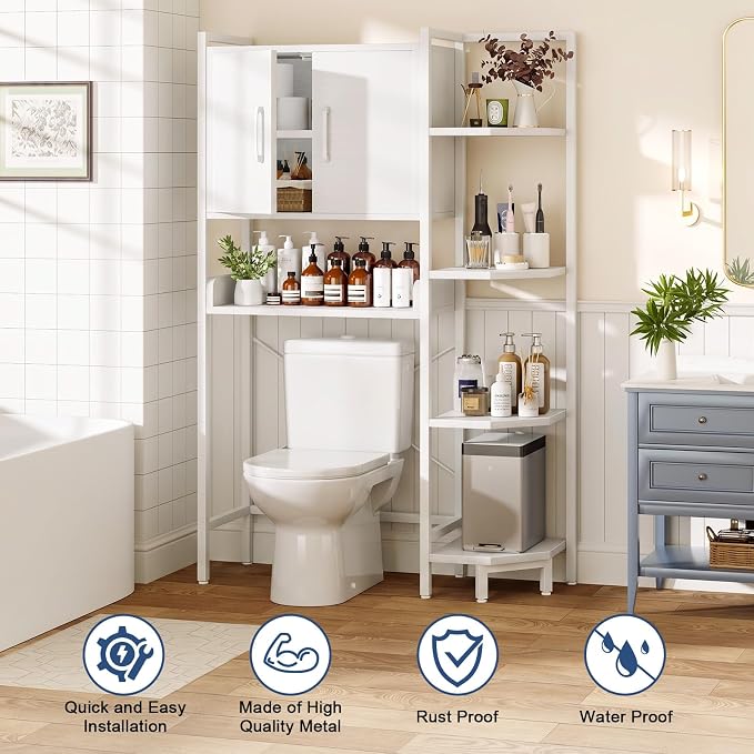 K2 Heavy Duty 7-Tier Over The Toilet Storage Cabinet（With Magnetic Doors & Adjustable Feet）Freestanding Above Toilet Shelf，Space Saver Bathroom Organizer 9.3"D x 31.5"W x 67.2"H，Beige White - Image 4