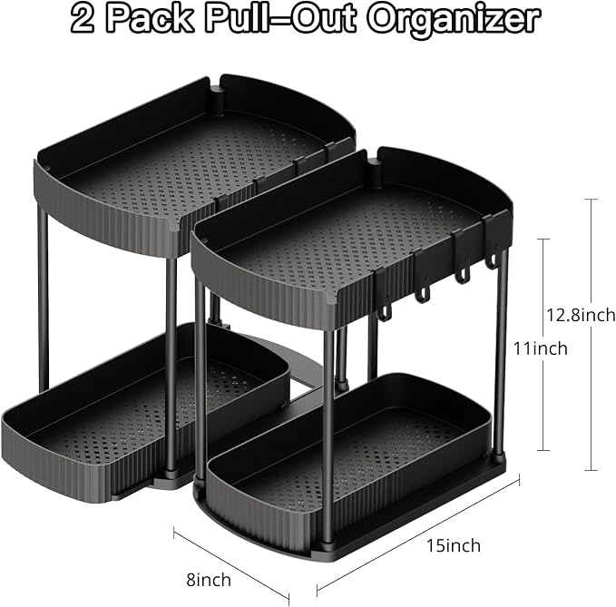2 Packs Under Sink Pull-Out Storage Organizers, 12.8 Inches, Black - Image 2