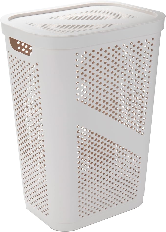 Mind Reader Slim Laundry Hamper with Lid, 60L Clothes Basket, Ventilated Plastic, Ivory - Image 6