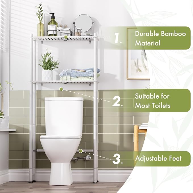 AmazerBath Bamboo Over The Toilet Storage Shelf, 2-Tier Over Toilet Bathroom Organizer Rack, Bathroom Shelves Over Toilet Space Saver, White - Image 4