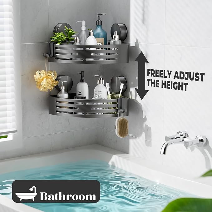 Suction Cup Shower Caddy,No Drilling Corner Shower Shelves Heavy Duty,Shower Organizer with Hooks,Rustproof Waterproof Space Aluminum Bathroom Storage,Home Accessories Decor - Image 5