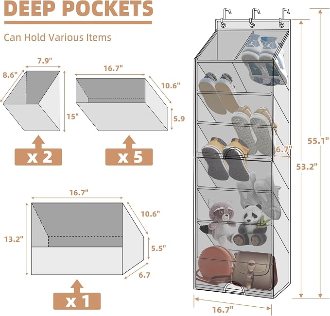 STORAGE MANIAC Over the Door Shoe Organizer with Curtain Dustproof Heavy-Duty Large Deep Pocket Hanging Shoe Organizer for Closet Dorm & Narrow Door Storage Shoe Holder Shoe Rack, 7-Shelf Black 1 Pack - Image 2