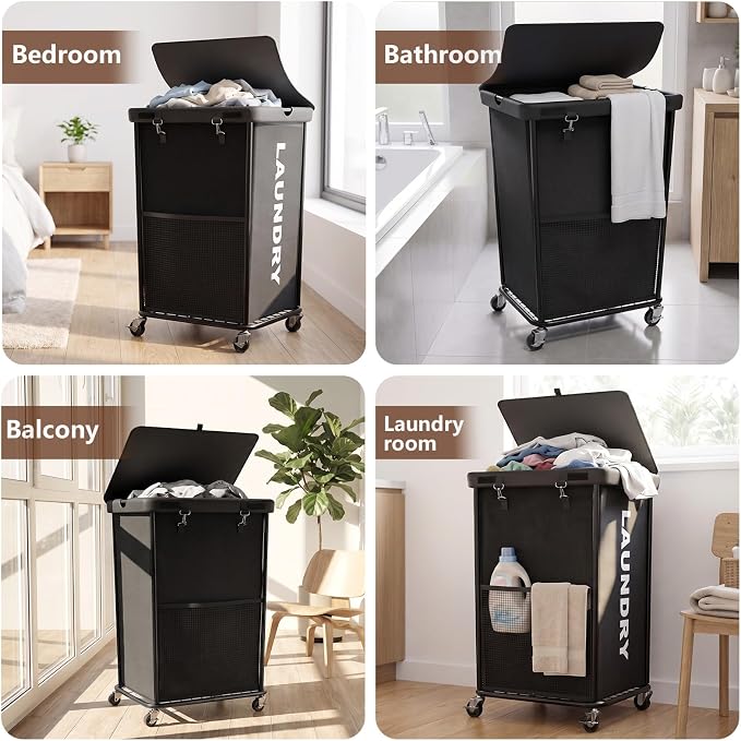 Laundry Hamper with Wheels and Lid, 150L Large Rolling Laundry Basket Black - Image 8