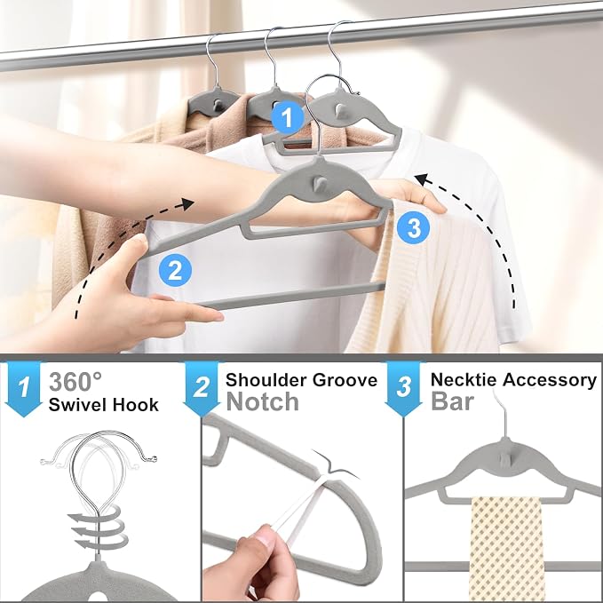 Velvet Felt Stackable Hangers 50 Pack, Thin & Space Saving, Gray | Non Slip, 15Lbs Capacity Heavy Duty With 360° Swivel Hook, Shoulder Notches, No Shoulder Bump, for Coat Suit Shirt Dress - Image 5