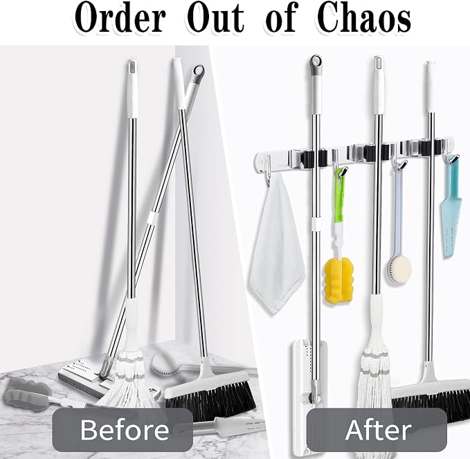 AceMining Broom Holder Wall Mount, 3 Racks 4 Hooks Heavy Duty Mop Organizer - Image 6
