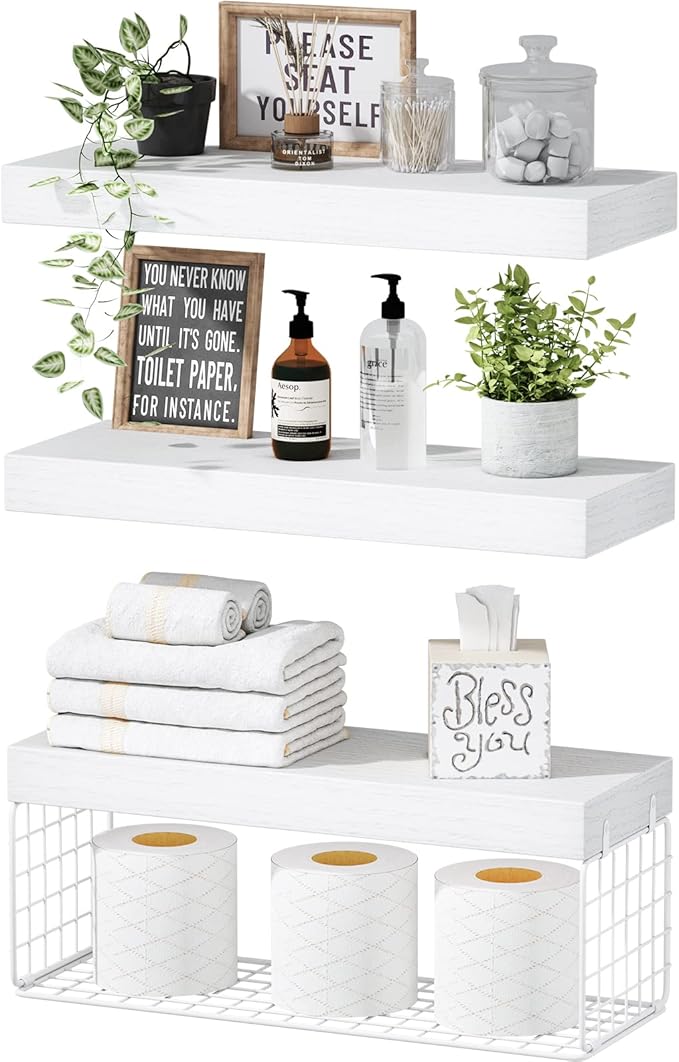 QEEIG Bathroom Shelves Over Toilet - Wall Mounted Floating Shelves Toilet Paper Storage Small Farmhouse Decor Shelf 16 inch Set of 3, White (019-W3) by QEEIG