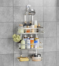 OMAIRA Shower Caddy Hanging with Soap Scrub Holder, Stainless Steel Adjustable No Drilling Non-Slip Large Capacity Sturdy Over Shower Head Shower Organizer Inside Shelves Bathroom Storage Rack, Silver by OMAIRA