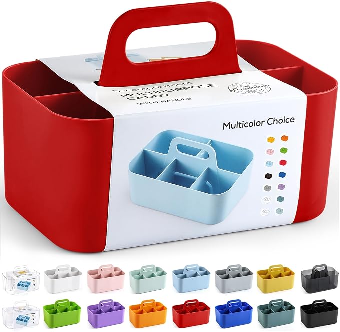 Multiuse Caddy Organizer with Handle, Portable Divided Plastic Tote Bin - Art Craft, Stationary Pen Marker Crayons, Makeup Hair Supplies Storage - Bathroom, Classroom, Dorm, Office, Desk Holder - Red by AOZITA