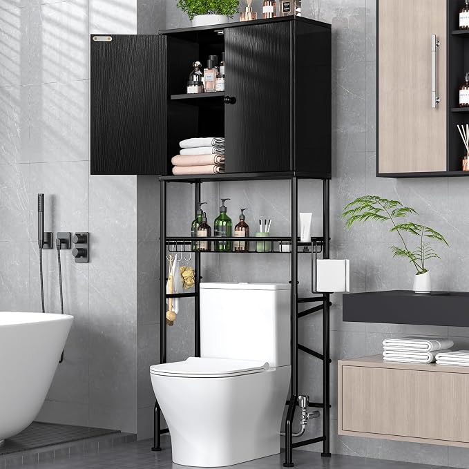 Over The Toilet Storage Cabinet - 2-Door Design Bathroom Organizers Shelf, Freestanding Space-Saver Above Toilet Storage Cabinet with Privacy Protection Rack, Water-Resistant Toilet Shelves (Black) by Unknown