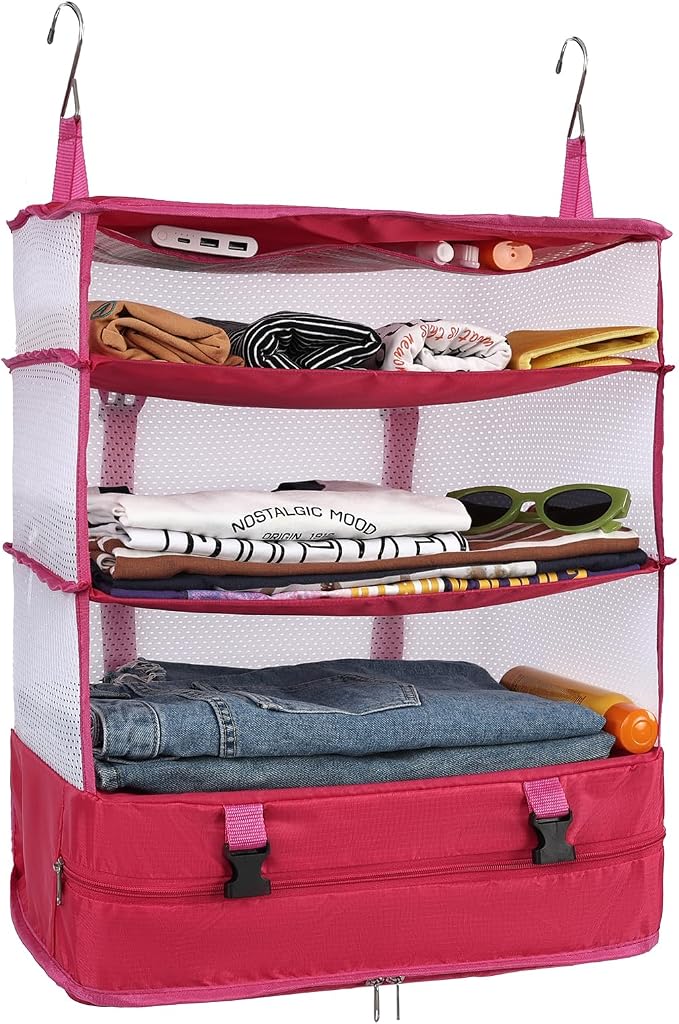 Surblue Hanging 3-Shelf Closet Organizer Pocket Collapsible Washable Oxford Fabric with 2 Hooks (XL 17.71 * 11.81 * 20in, Rose) by SURBLUE