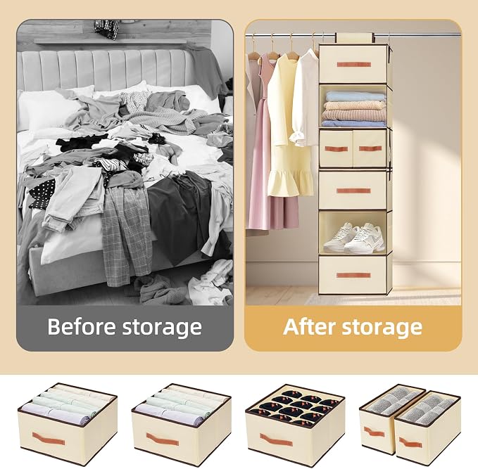 Hanging Closet Organizer 6-Shelf, Upgrade Closet Organizers and Storage with 5 Removable Drawers & 4 Side Pockets, Hanging Shelf Organizer for Closet or Garment Rack, 12.6'' x 12.6'' x 44.1'', Beige - Image 6