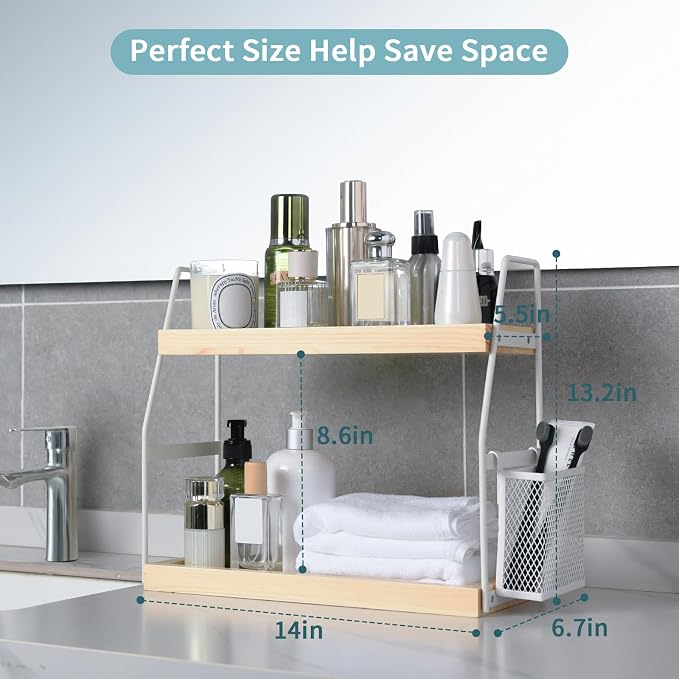 Bathroom Counter Organizer, 2-Tier Standing Storage Shelf with Basket, Wood Tray for Skincare Vanity Organizer(White) - Image 2