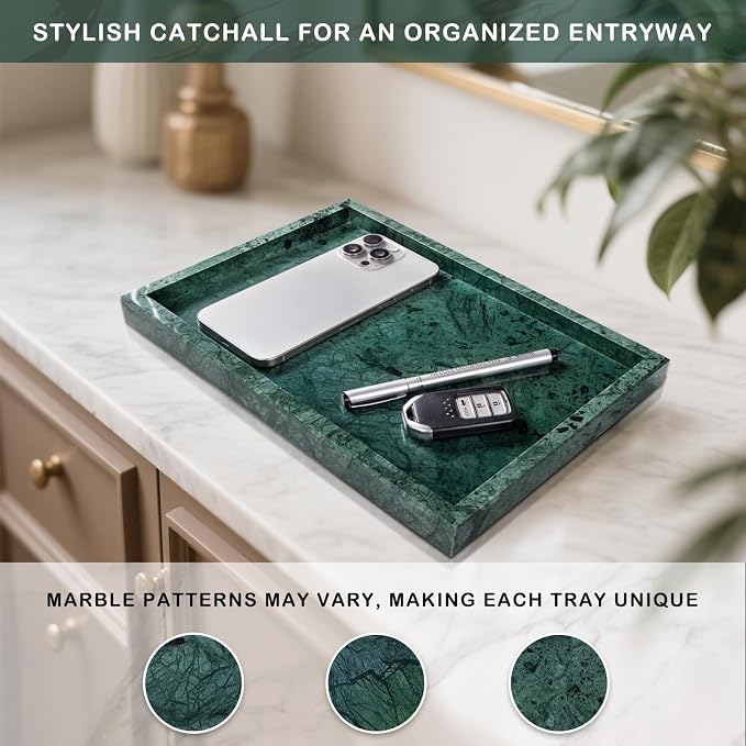 Marble Bathroom Tray for Countertop & Home Decor, Natural Decorative Marble Tray for Jewelry & Perfume Organizer, Luxury Stone Vanity Trays for Dresser, Kitchen Counter, 12" x 8", Green - Image 5