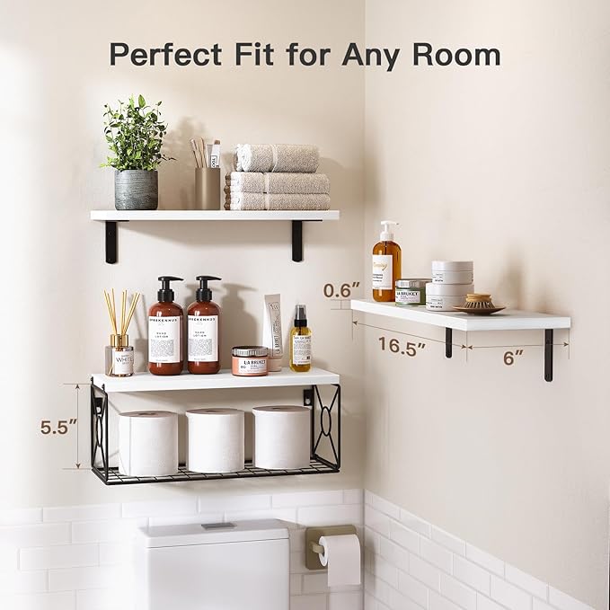 Amada Bathroom Shelves with Storage Basket, Set of 3, White - Image 2