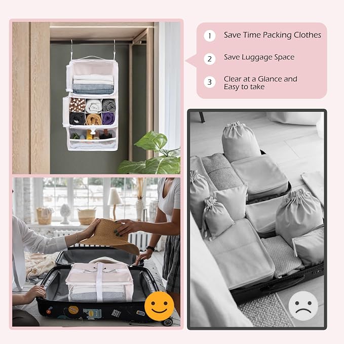 Surblue Hanging Shelves Travel Storage Bag Compression Packing Cube for Suitcase Collapsible with Extension Layer Large Capacity, Pink,XL - Image 4