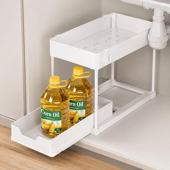 Under Sink Organizer, 2 Tier Pull-Out Storage Organizer with Sliding Drawer & Hooks, Multi-Purpose Cabinet Organizer for Kitchen, Bathroom, Pantry, Laundry Room & Office, White - Image 4