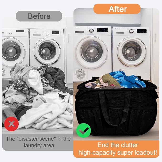Collapsible Laundry Baskets with Lid, Foldable Laundry Basket with Pockets, Pop Up Laundry Hamper with Dual Handles, 99L Sturdy Clothes Hampers for Clothes, Groceries, Supplies, Tools, Black - Image 6
