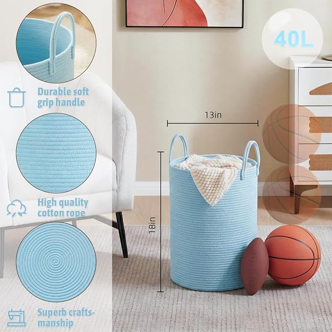 Laundry Basket,Woven Cotton Rope Laundry Hamper,40L for Decor Storage of Dirty Clothes,Toys and Blankets in Bathroom,Baby Room and Living Room - Image 6