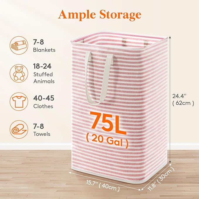 Lifewit 75L Large Collapsible Laundry Basket with Extended Handles, Pink - Image 2