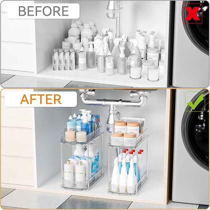 Yieach 3 Pack 13.8″ Deep 2 Tier Under Sink Storage Organizer,Large Pull Out Bathroom Organizers and Storage,Slide Out Acrylic Undersink Storage Shelf,Kitchen Under Sink Organizer for Cleaning Products - Image 6