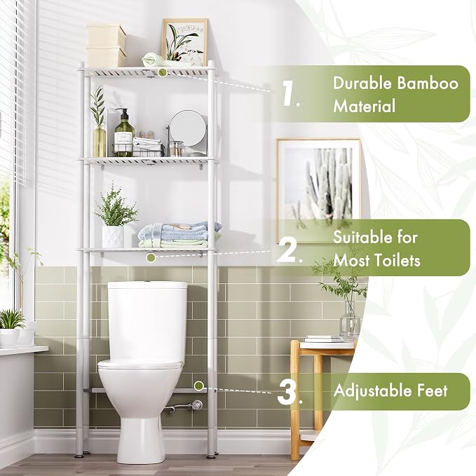 AmazerBath Bamboo Over The Toilet Storage Shelf, 3-Tier Bathroom Over Toilet Organizer Rack, Over Toilet Shelf, Space Saver, White - Image 4