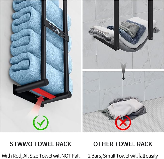STWWO Bathroom Towel Rack Wall Mounted Can Holds 4 Large Towels, Black - Image 4