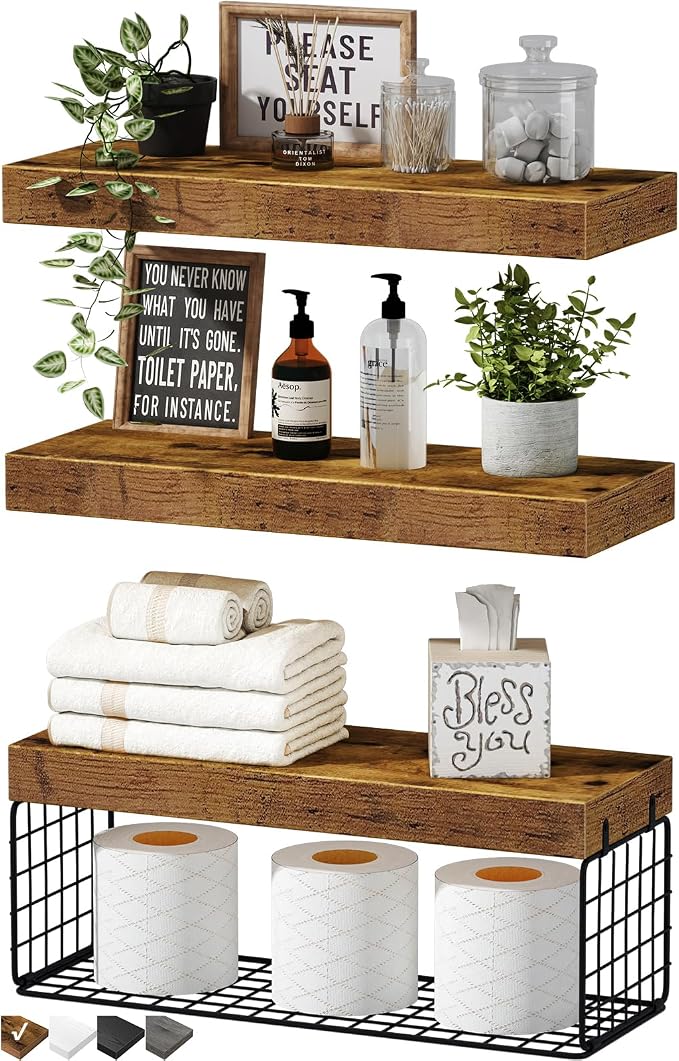 QEEIG Bathroom Shelves Over Toilet - Wall Mounted Floating Shelves Toilet Paper Storage Small Farmhouse Decor Shelf 16 inch Set of 3, Rustic Brown (019-BN3) by QEEIG