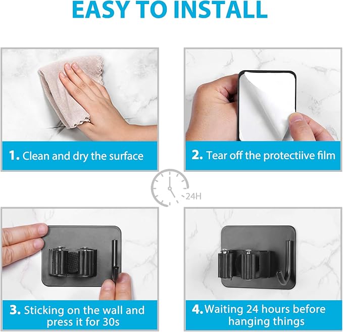 homeasy Broom Holder Wall Mount 6Pcs, Self Adhesive Mop Broom Hanger Black - Image 6