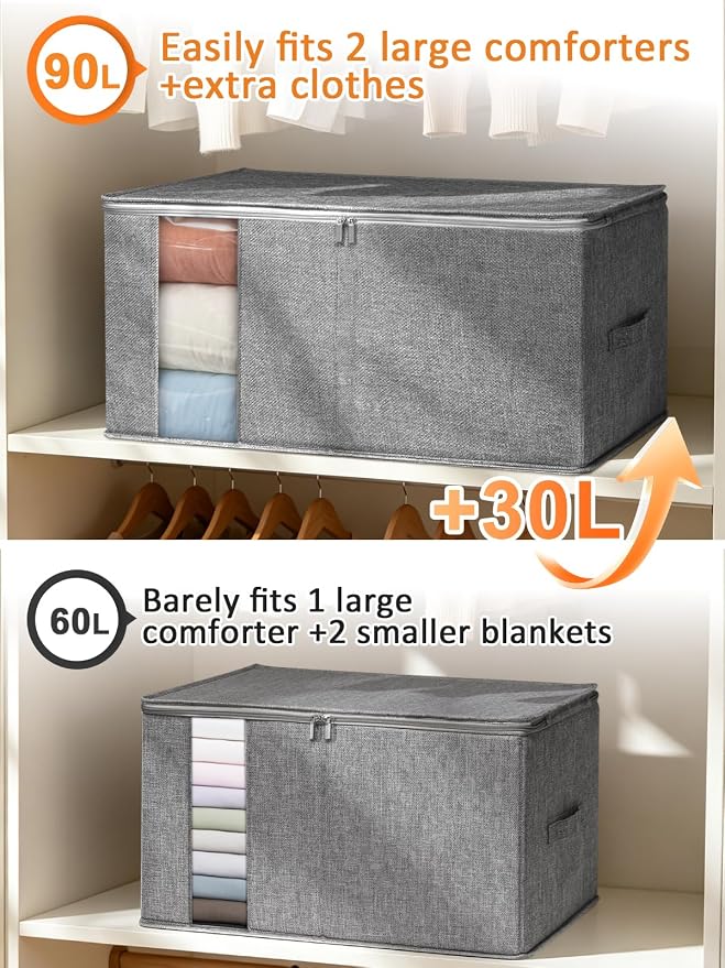 90L Structured King Size Comforter Storage Bag, 2 Pack Blanket Organizer - Image 3