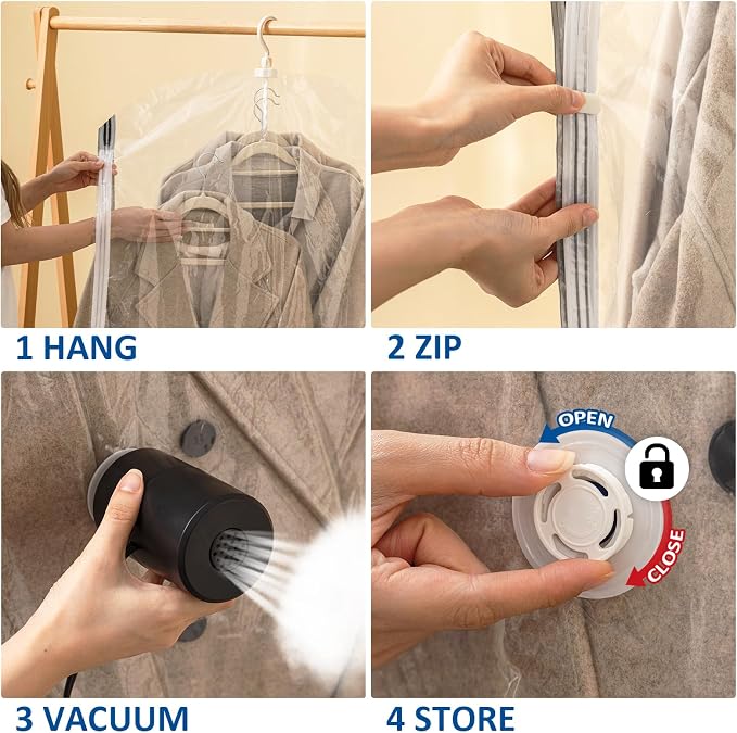 Hanging Vacuum Storage Bags, Space Saver for Clothing, 4 Long with Pump | Vacuum Seal Bags for Clothing with Electric Pump, Hanging Garment Storage for Jackets, Suit, Dresses, Winter Closet Organizer - Image 7