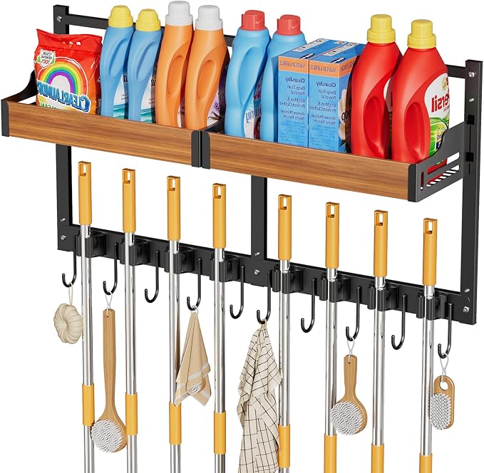 Broom and Mop Organizer Wall Hanging, Broom Holder Wall Mount with Cleaning Supplies Organizer, Broom Hanger Wall Mount with Storage Shelf and Hooks for Laundry Room Garage Kitchen by FREEXPLOYER