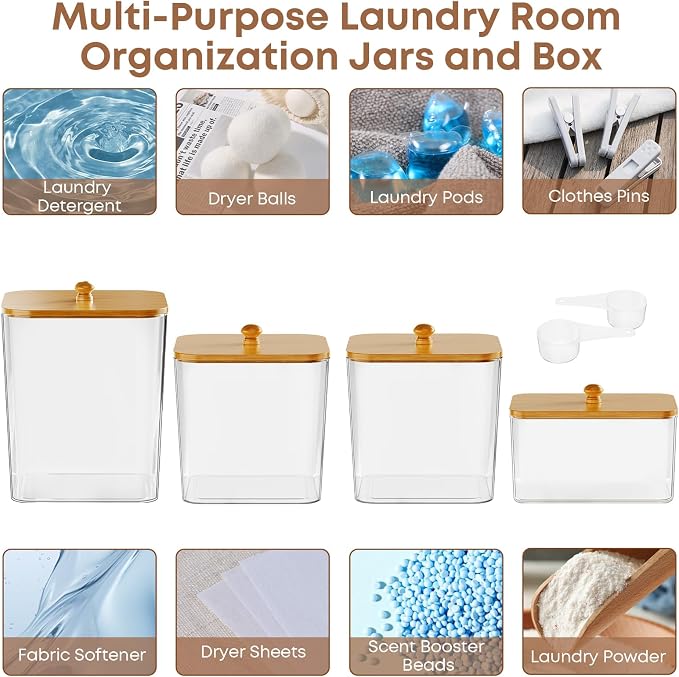 COAZEX 4 Pack Clear Laundry Pods Container & Dryer Sheet Holder,Bamboo Lids - Image 5