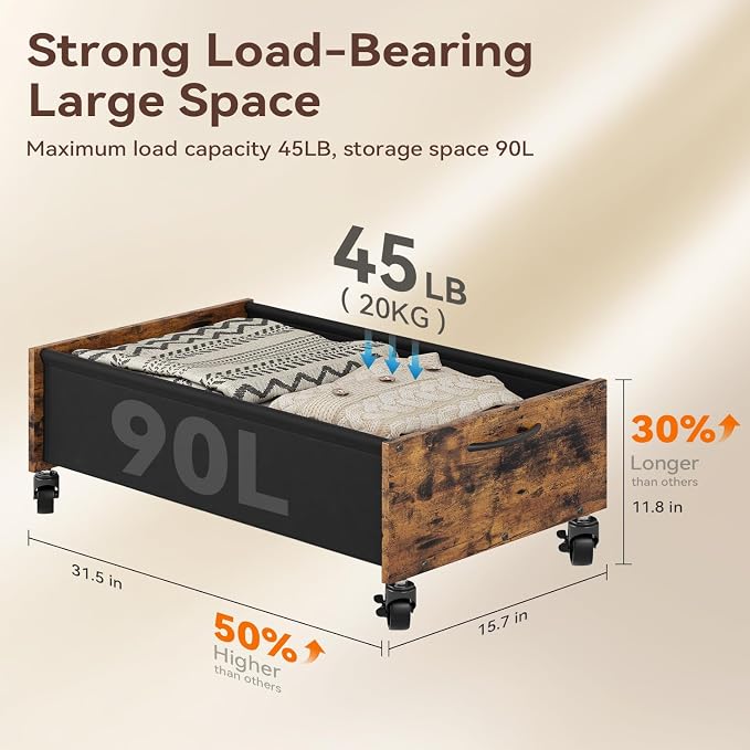 FOUCSSOMEI Wooden Under Bed Storage with Wheels Large Size - Image 2