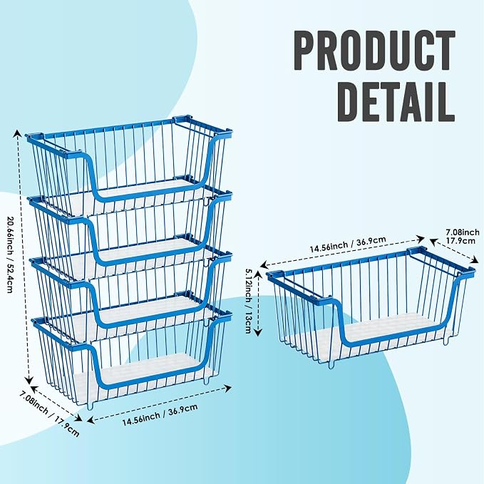 4 Pcs Stackable Wire Baskets for Pantry Organizers and Storage,blue, - Image 3