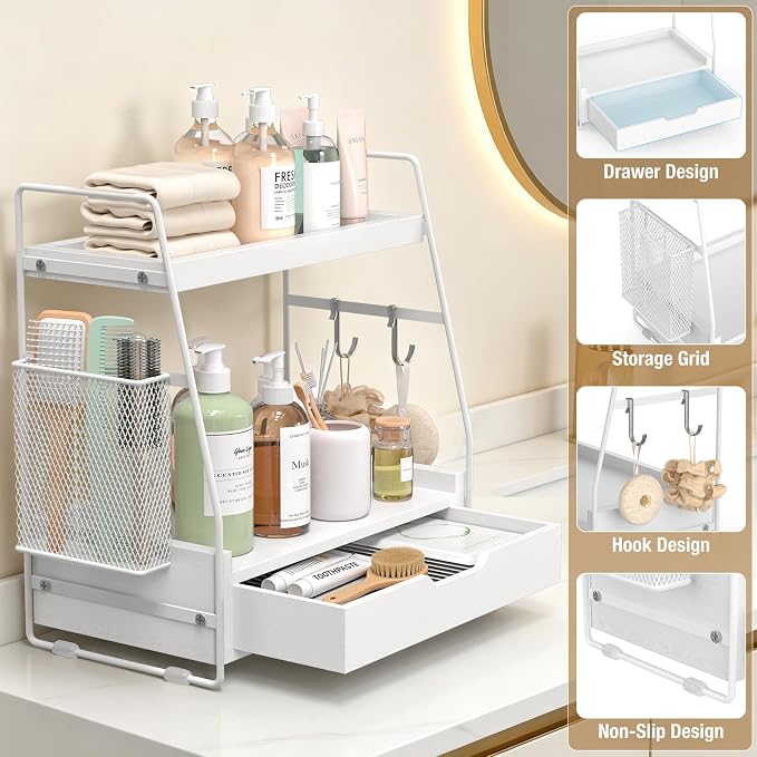 2-Tier Bathroom Counter Organizer with Drawer, Wood Counter Storage Shelf - Image 3