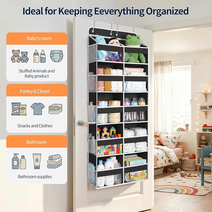 Yecaye 5 Tier Over The Door Organizer, Door Organizer with 10 Compartments | 20" W, Extra Large Behind Door Storage With 10 Side Pockets, 80lbs Heavy Duty, Clear Window, for Closet Bedroom Pantry, Black - Image 7