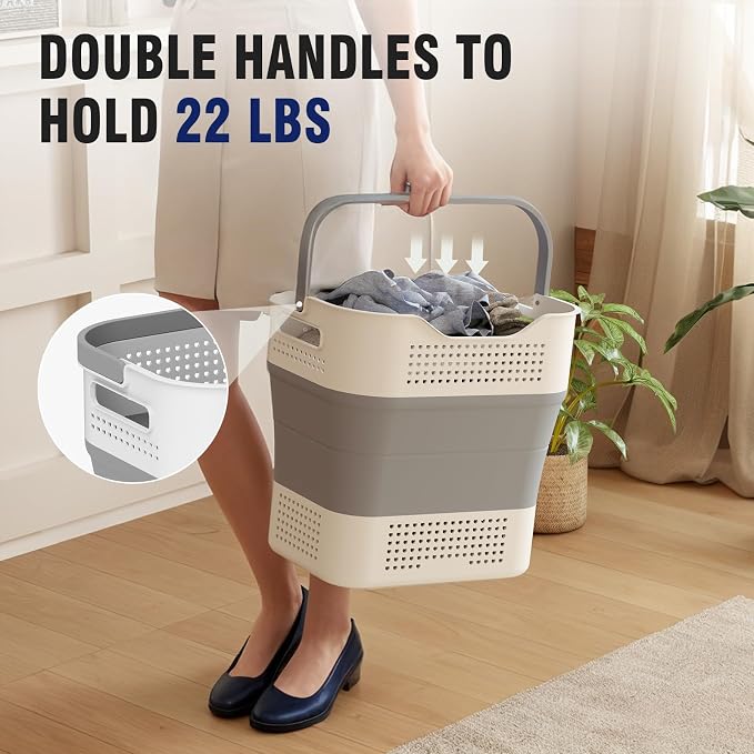 TECHMILLY Collapsible Plastic Laundry Basket Hamper with Handles, 35L Portable Rubber Clothes Basket, Pop Up Storage Container/Organizer with Hanging basket for Washing & Storage, Grey - Image 3