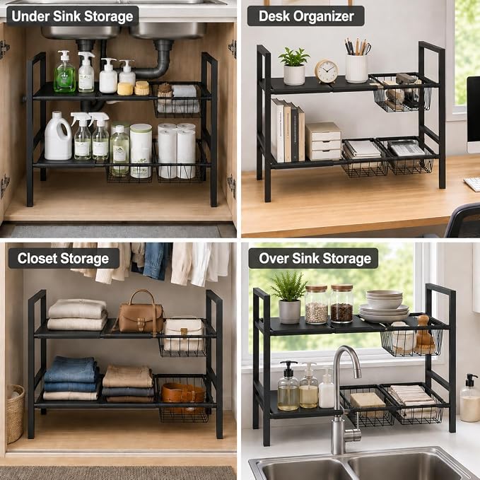 Expandable Under Sink Organizer, 2 Tier Under Sink Shelf, Height Adjustment, Under Sink Shelves with 3 Removable Baskets and 3 Removable Panels for Bathroom Kitchen Pantry Cabit black 21.65in - Image 7