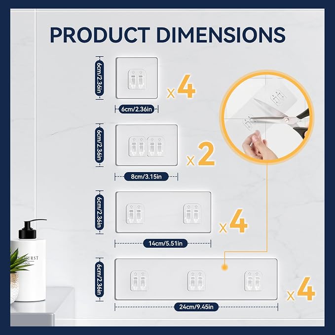 YASONIC 14-Pack Shower Caddy Adhesive Replacement - Transparent Shower Adhesive Strips, No Drilling Hooks for Bath Storage Shelves, Kitchen Racks, Basket & Soap Holder - Image 5