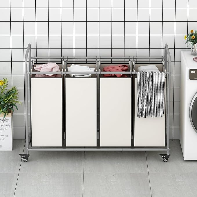 LINZINAR 4 Section Laundry Hamper, Beige Laundry Basket 180L Laundry Sorter - Image 3