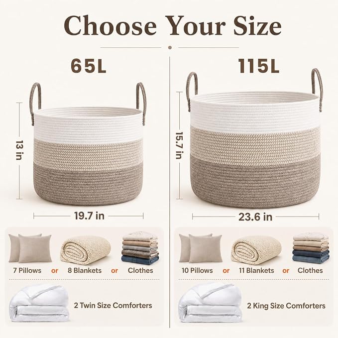 JMvicyroam 115L Extra Large Machine Washable Cotton Rope Blanket Basket - Image 4