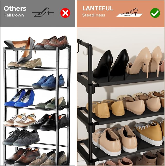 LANTEFUL 5 Tier Shoe Rack for Closet Shoe Organizer with 5 Hooks, Long Shoe Shelf Storage for Shoe and Boot Stackable Free Standing Shoe Rack for Entryway, Garage, Small Spaces, Dorm, Black - Image 6